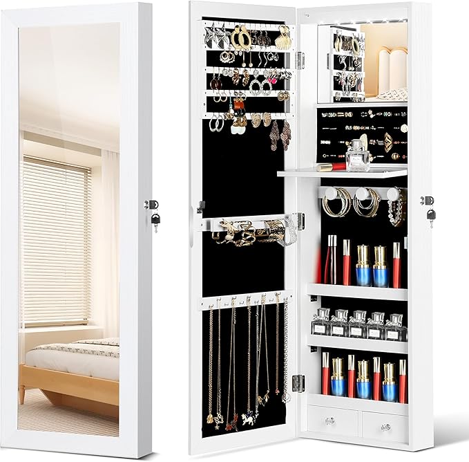 Mirror Jewelry Organizer, Wall/Door Mounted Jewelry Armoire with Full-Length Mirror,Hanging Jewelry Cabinet with LED Interior Lights, White