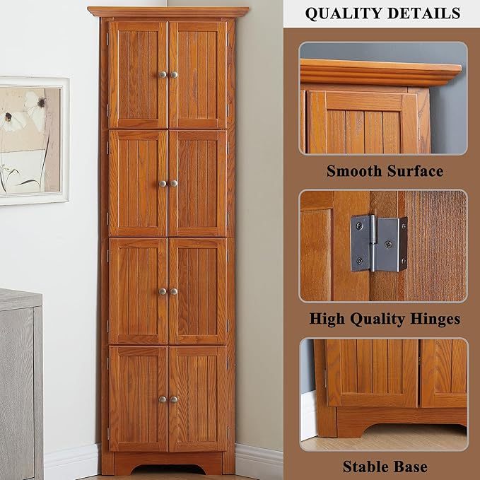 72" H Farmhouse Corner Storage Cabinet with 8 Doors & 4 Shelves, 4 Tier Kitchen Corner Pantry Cabinet Wooden Organizer Case Bookshelf, Home Space Saver Cabinet for Kitchen,Living Room (Oak)