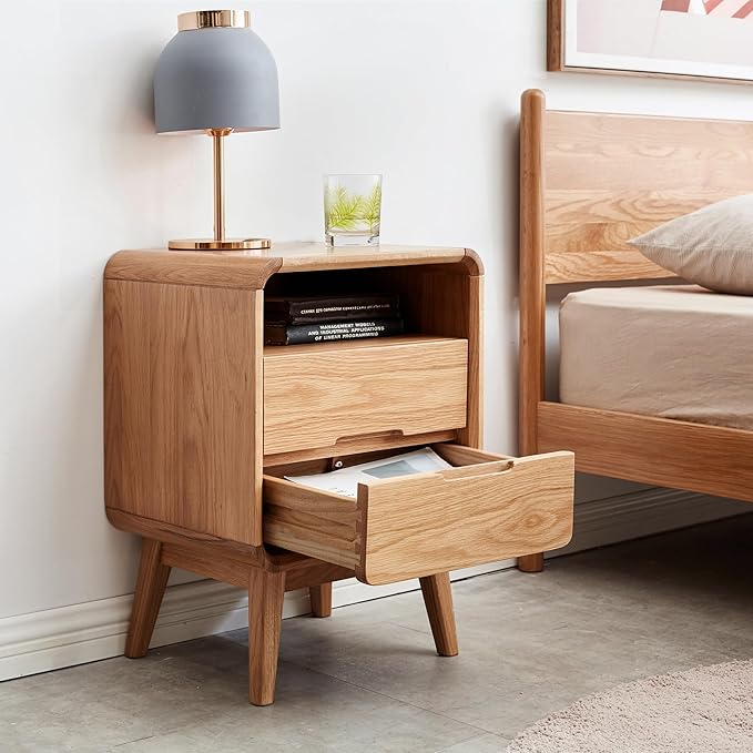 Rainbow Home Bergan Nightstand with 2 Drawers & Open Shelf, 100% Solid Oak Wood, Mid Century Modern Bedside Table for Small Spaces, Practical Storage for Bedroom