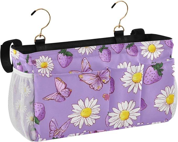 Purple Cute Daisy Butterflies Strawberry Bedside Caddy for Dorm Bed Bedside Hanging Caddy Bag Iron Frame Storage Organizer Pocket for Bunk Home College Hospital Beds 2 Hooks