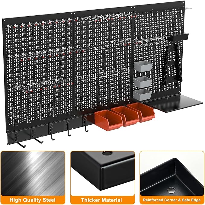 TORACK Metal Pegboard Wall Organizer System for Garage, 109 PCS Pegboard Accessories Tool Organizer Kit with Pegboard Bins, Hooks, Pegboard Tool Storage System for Workbench(Black)