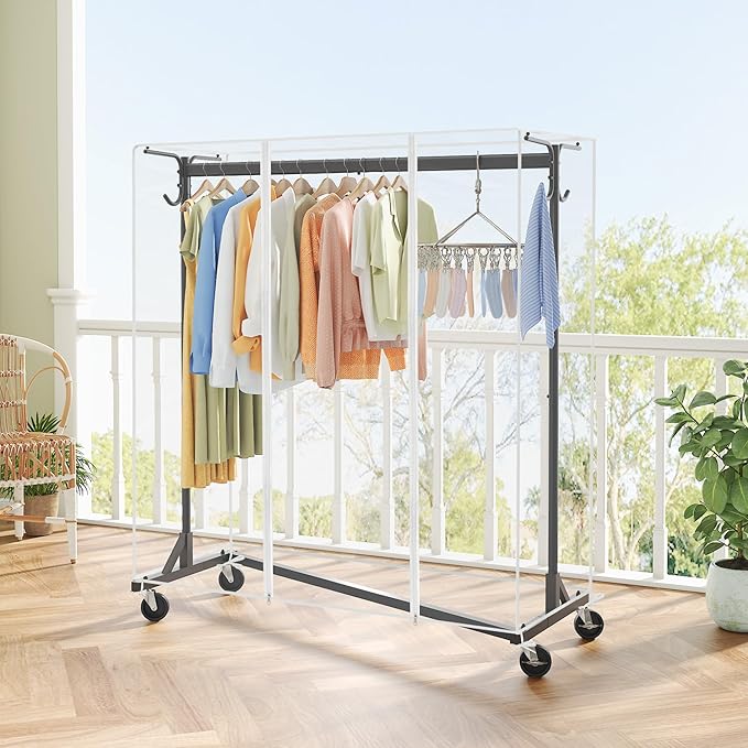 Hoctieon Z Clothes Rack with Cover, Metal Heavy Duty Clothing Rack, Rolling Garment Rack with Wheels, with Dustproof Cover Waterproof Protector, with 2 Durable Zippers, for Hanging Clothes, Black