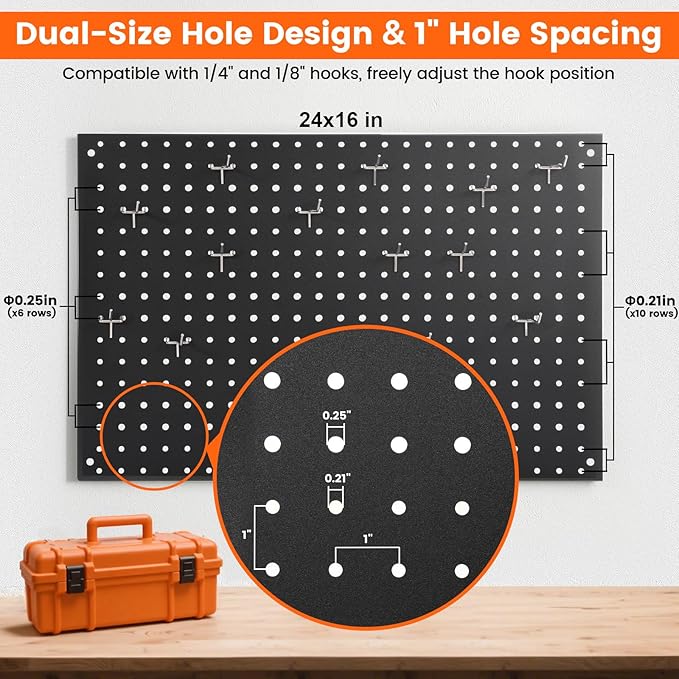 Pegboard, 3 PCS 24"×16" Metal Peg Board Panels Black Modular Wall Organizer Kit with 30 Hooks, Dual-Size Hole Design for Home Tool Storage, Garage Organization, Kitchen, Office, Craft Room