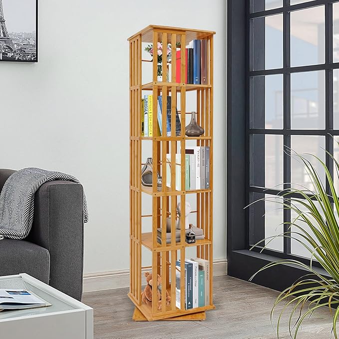 Rotating Bookshelf 5-Tier, 14.57x14.57x59.06in Floor Standing Book Storage Display Rack, Multi-Tiered Organizer for Books, Wood Color Rotatable Bookshelf for Study Rooms, Bedrooms, Living Rooms