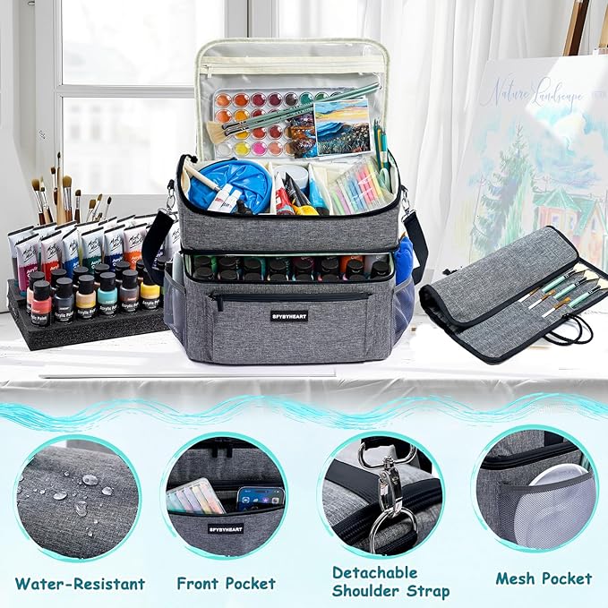 Acrylic Paint Organizer Bag with Washable Roll-Up Brush Holder, 2-Layer Art Supply Case, Large Craft Organizer with Foam Inserts for Apple Barrel, Shuttle Art, Caliart Art Supplies Storage Bag