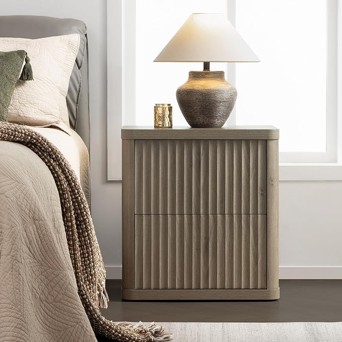 SICOTAS Night Stand Set of 2 Nightstands with 2 Drawers Storage Bedside Table Large Fluted Bed Side End Table Modern 24.4" Tall Wide Night Stands for Bedroom Living Room Sofa Couch Office, Grey Alder