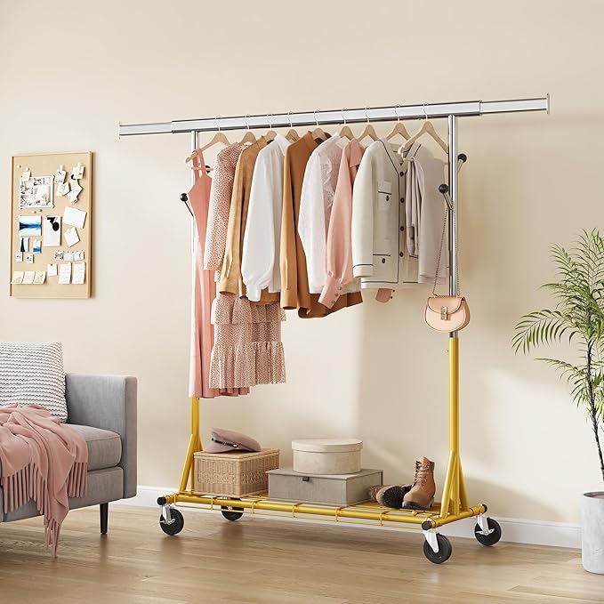 Rolling Clothes Rack Load 530lbs,Heavy Duty Garment Rack With Sturdy Wheel And Shelves, Adjustable Portable Hanging Rack For Clothes, Stainless Steel, Gold