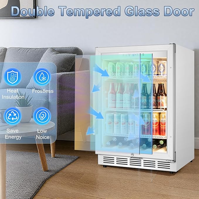 Beverage Refrigerator, 4.9 Cubic Feet Undercounter/Freestanding 24 Inch Beverage Fridge with Glass Door, LED Light, Safety Lock, Touch Control, Low Noise (White)