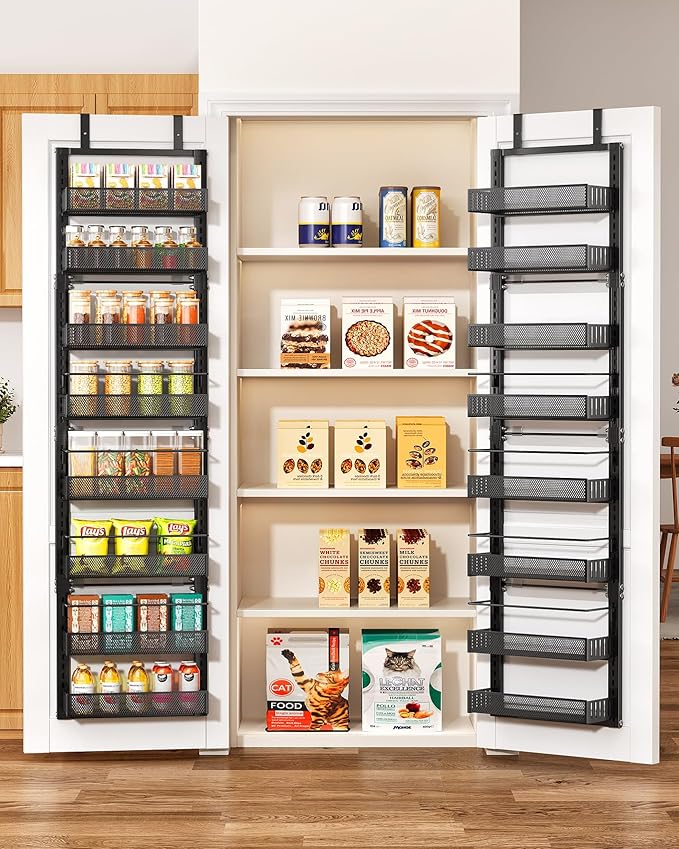 SNTD Over the Door Pantry Organizer - 8 Tier Adjustable Pantry Door Spice Organizer, Large Capacity Hanging Door Spice Rack for Kitchen Pantry Organizers and Storage (Black, 12.3" W x 4.7" D x 69" H)