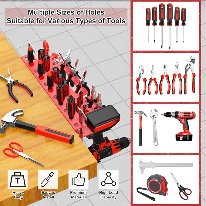 Metal Screwdriver Organizer, Wall Mount Plier Organizer Hammer Holder, Hand Tool Storage Rack for Garage Workshop Workbench(Red, 1PC)