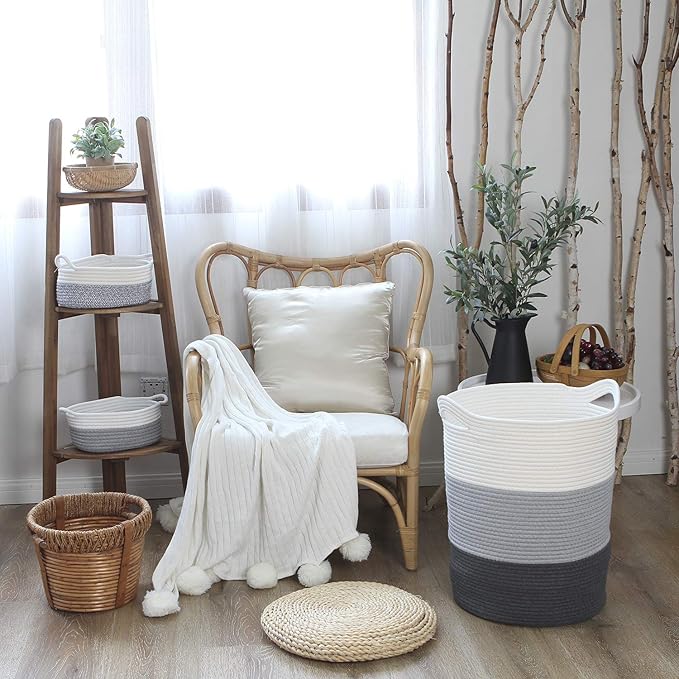 Sea Team Large Size Cotton Rope Woven Storage Basket with Handles, Laundry Hamper, Fabric Bucket, Drum, Clothes Toys Organizer for Kid's Room, 20 x 14 inches, Round Open Design, White & Grey