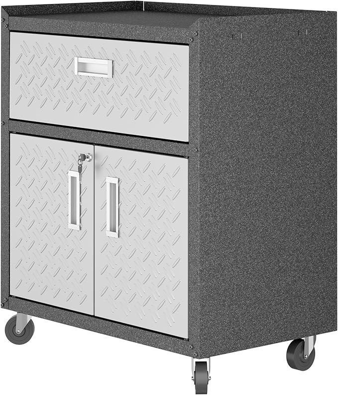 Manhattan Comfort Fortress Collection Modern Designed Mobile Storage Garage Cabinet Great For Tools and Supplies, Stainless Steel