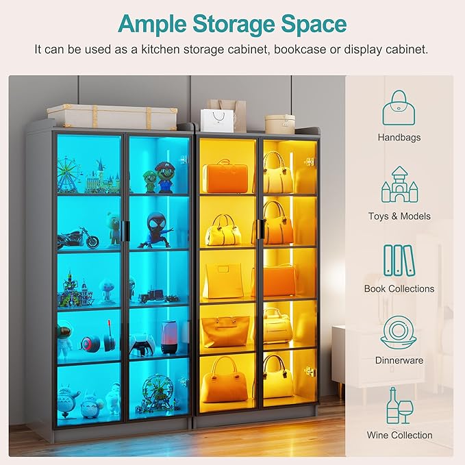 Lvifur 65" Display Cabinet with Lights, 5 Tier Curio Cabinets Bookcase with Adjustable Shelves, Tall Storage China-Cabinet with Human Body Induction for Living Room (Grey)