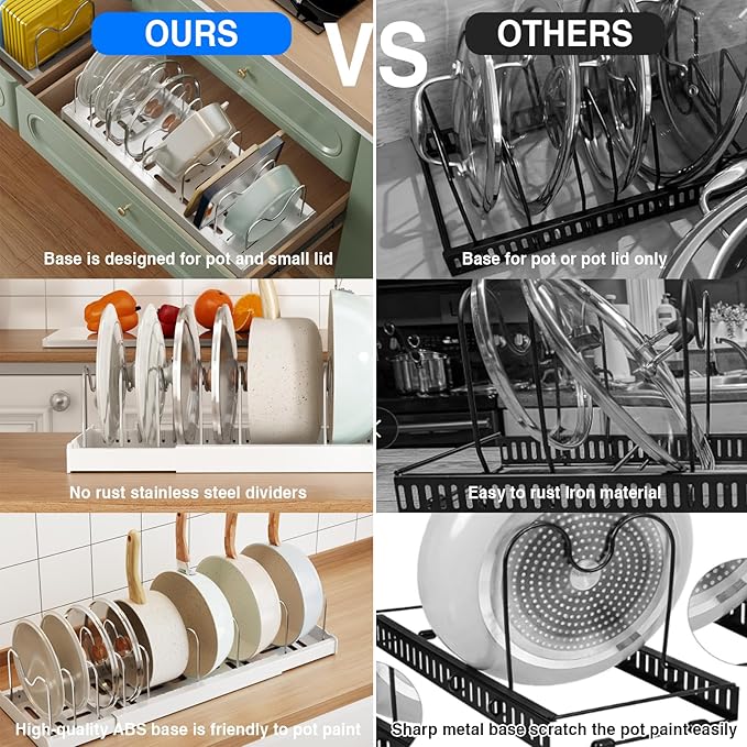 2 Pack Pots and Pans Organizer Under Cabinet, 22" Expandable Food Storage Container Lid Organizers with 9 Adjustable Dividers Pot and Pan Lid Holders Rack Inside Cabinet/Countertop(White)