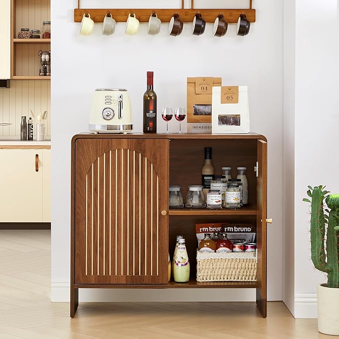 Sideboard Buffet Cabinet with Storage, Wood Arched Storage Cabinet with 2 Doors and Adjustable Shelf, Small Curved Entryway Accent Cabinet for Living Room Hallway Kitchen Dining Room, Walnut