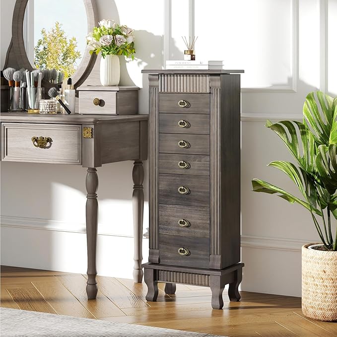 Giantex Standing Jewelry Cabinet with 7 Drawers, Flip-Top Mirror, 2 Side Doors with 12 Necklace Hooks, Divided Ring Compartments, Velvet-Lined Jewelry Armoire Organizer Chest (Weathered Gray)
