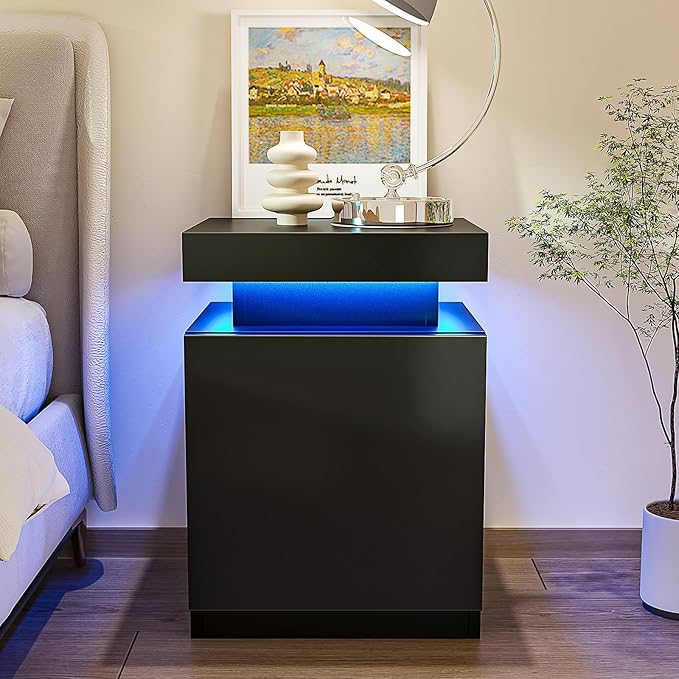 MXV Nightstand with LED Lights & Charging Station, Black Bedside Tables with USB Ports, Storage Cabinet & Drawers for Bedroom, Modern End Tables for Living Room (Black, 17.7，Set of 2)