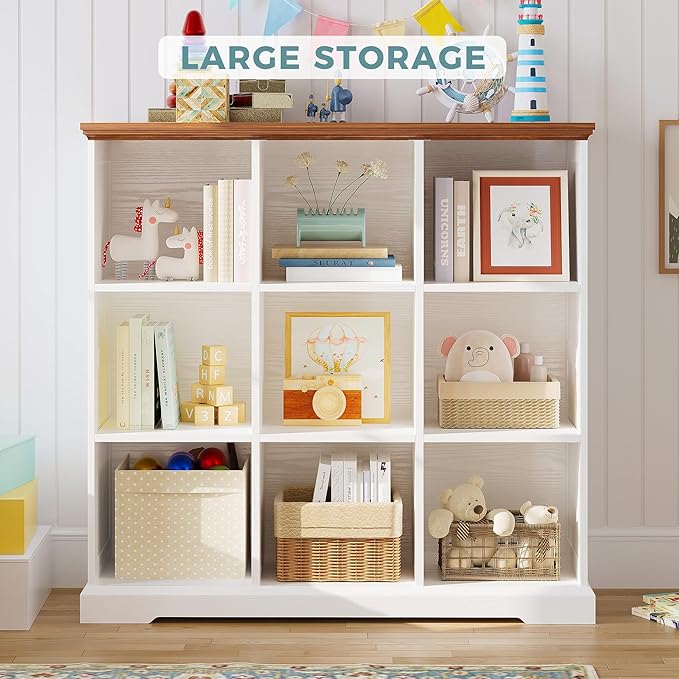 IRONCK 9 Cube Storage Organizer, Wooden Cube Shelf with Storage, Farmhouse Bookcase for Bedroom, Living Room and Home Office, White