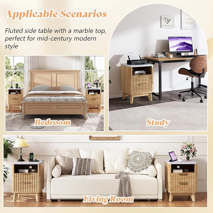 AMERLIFE Fluted Nightstand with Charging Station and Faux Marble Top, 18" Modern Bedside Table with 2 Drawers and Metal Handle, Side Table for Bedroom, Living Room, Natural Oak