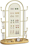 Jewelry Display Earring Stand Gold Organizer Earring StorageTree Jewelry Rack Towers with 6 Hooks 300 Stud Holes Wood Tray for Necklaces Bracelets Ring