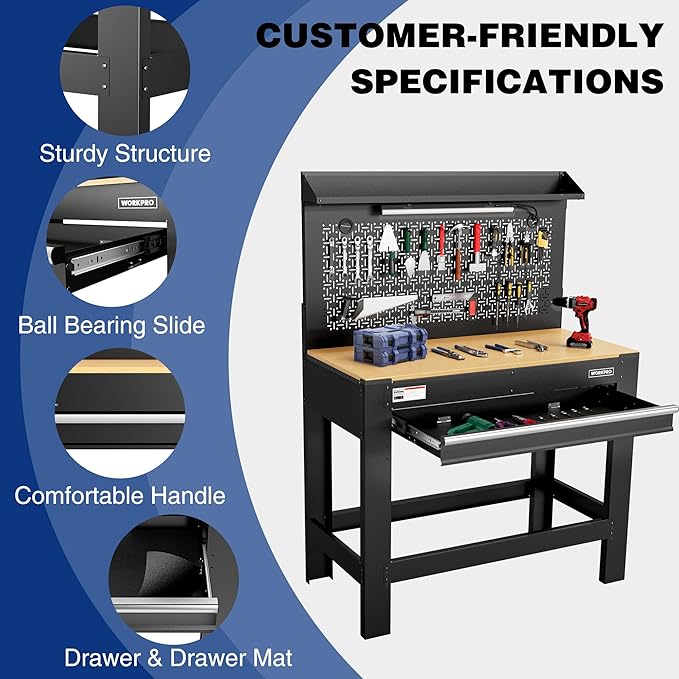 WORKPRO Garage Workbench with Storage, 45" Workbench with Pegboard, Power Outlets and Light, 800 LBS Multipurpose Work Bench for Garage, Warehouse, Workshop