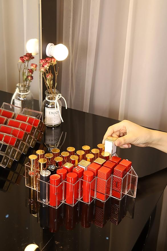 Lipstick Holder Organizer 48 Spaces Acrylic Stackable Fish Shape Lipstick Tower, Lip Gloss Storage Stand, Perfect for Lipgloss Organizers Makeup Vanity Display, Clear (3 Pack)