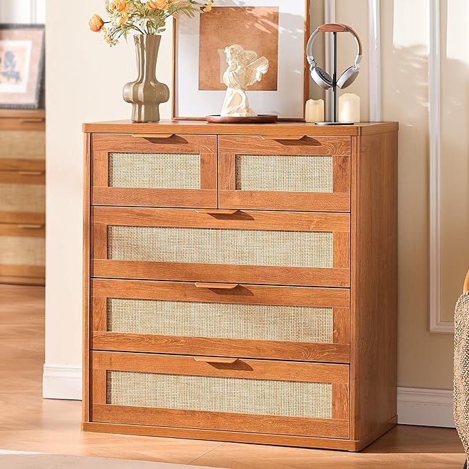 LEYAOYAO Rattan Dresser for Bedroom, 33.5" Tall Chest of Drawers, Modern 5 Drawers Boho Dressers with Storage, Vintage Brown Dresser Wooden Closet Organizer for Living Room, Hallway