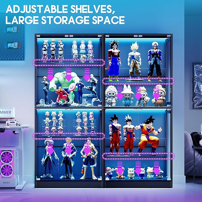 AMERLIFE RGB Display Cabinet with Adjustable Glass Shelves, 4-Tier Storage Case with LED Lights & Press-to-Open Doors, Modern Display Shelf for Collectibles, Black 70" H×32" L×16" D