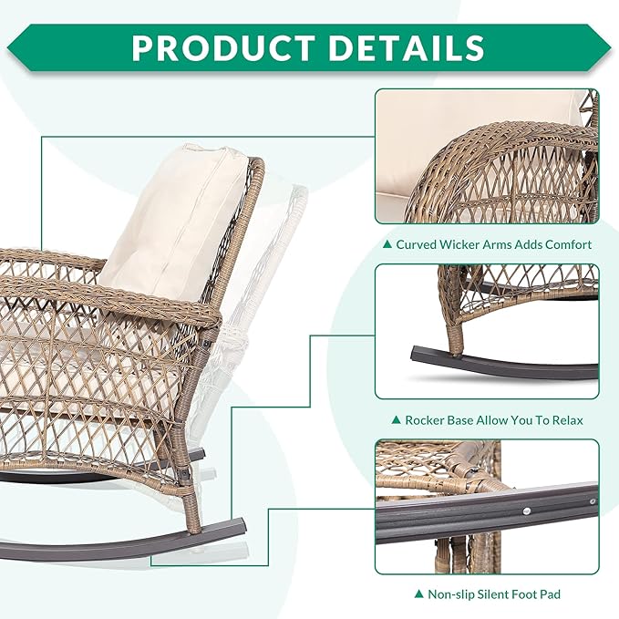 VIVIJASON 3-Piece Outdoor Conversation Bistro Set, Patio Wicker Rocking Chairs Rattan Furniture Sets w/ 2 Rattan Chairs, Cushions, Glass Top Side Table for Garden Porch Backyard