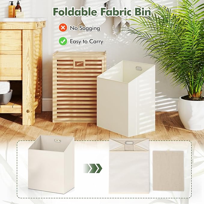 Giantex Tilt Out Laundry Hamper, Bamboo Laundry Storage Cabinet with Removable & Foldable Fabric Bin, Top Shelf, Laundry Basket Organizer for Bathroom, Laundry Room, Living Room, Bedroom, Natural