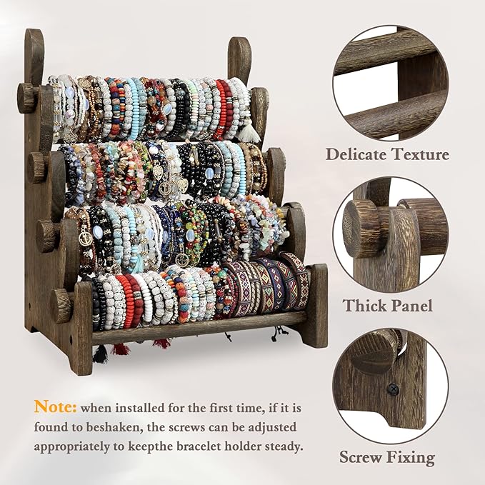 TOPNEW 4 Tier Wooden Bracelet Holder, Scrunchie Bangle Watch Necklace Display Storage Jewelry Holder Stand Display Organizer, Brown