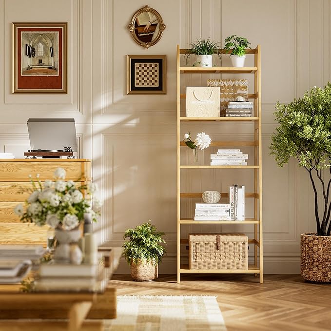 Ladder Shelf, 5-Tier Bookshelf, All Bamboo Heavy Duty Bookcase, Freestanding Open Wood Storage Rack, Modern Corner Display Plant Stand for Living Room, Home Office, Bathroom, Bedroom, Natural