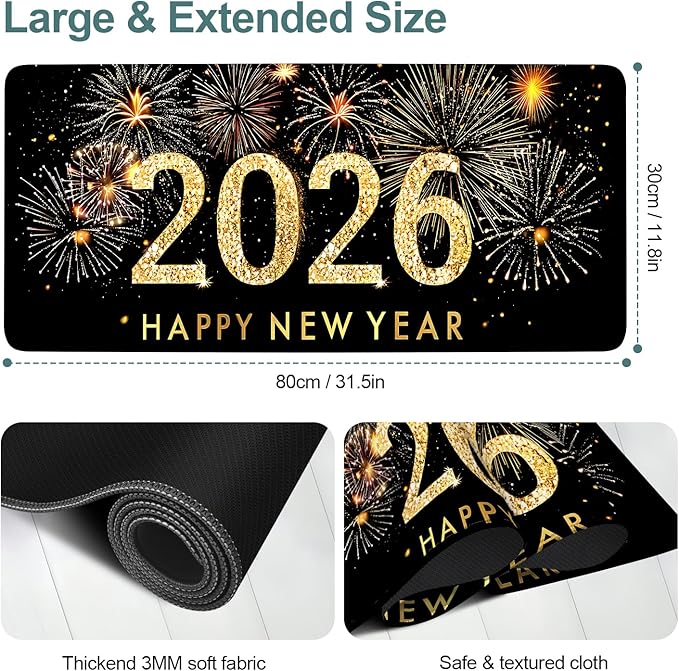 2026 Happy New Year Gaming Mouse Pad 31.5"x11.8"Desk Mat Anti-Slip Rubber Base & Durable Stitched Edges for Gamers Smooth Mouse Writing Surface for Desk Office/Home
