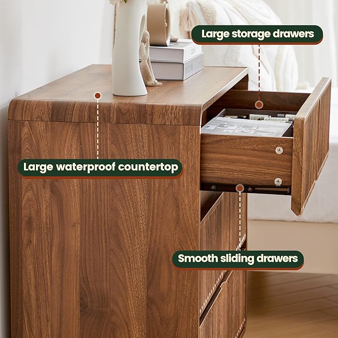 Fluted 3 Drawer Dressers for Bedroom, 31.5" Wide Large Mid Century Modern Nightstand 2 Sets W/3 Storage Drawers , Wood Dresser & Chest of Drawers with Curved Profile for Living Room (Walnut)