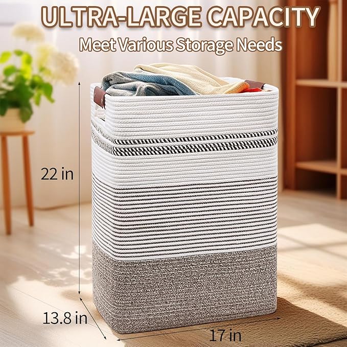 DOFASAYI Laundry Basket - 85L Large Cotton Rope Blanket Basket with Leather Handles, Decorative Storage Hamper, Clothes Hamper for Living Room, Bedroom, Rice Brown & White