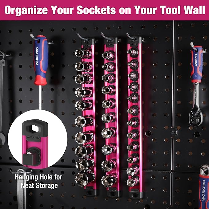 WORKPRO Magnetic Socket Organizer, 3/8-Inch Drive Aluminum Alloy Socket Rail, Heavy Duty Socket Holder, Socket Rack Kit 3/8-Inch x 10 Clips Rose Red (Socket not Included)
