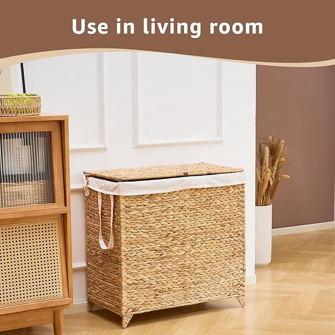 Laundry Hamper with Lid and Removable Liner Bag, Handwoven Natural Hyacinth Clothes Hamper with Heightened Feet, Wicker Laundry Basket for Clothes and Towels，Large, 2-sections