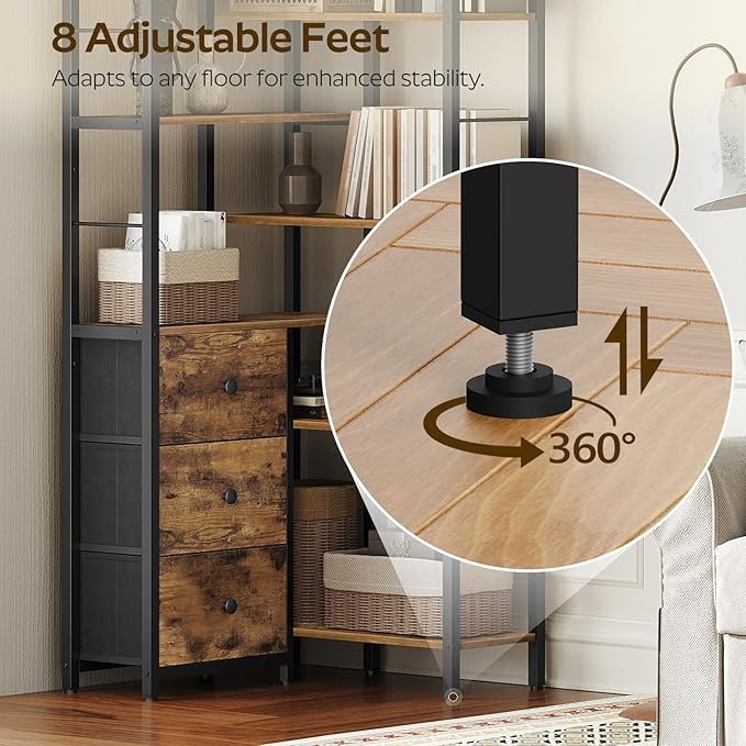 Corner Bookshelf, 7 Tier L-Shaped Bookcase with 3 Drawers, Storage Corner Shelf, Freestanding Tall Display Shelf, Industrial Style, for Living Room, Home Office, Rustic Brown and Black SJ10BR