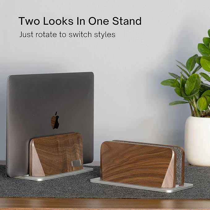 Vertical Laptop Stand, Black Walnut Wood Laptop Holder Vertical for Desk - Heavy Silver Aluminum Base | Adjustable Dock (8-38mm) Fits Most Laptops, MacBooks (Silver Base)