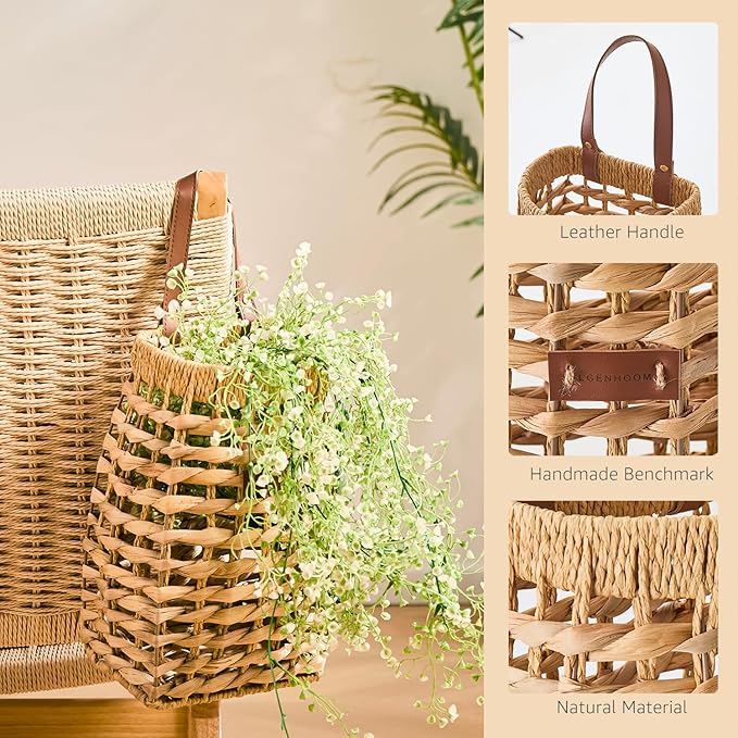Woven Front Door Basket Water Hyacinth Wall Hanging Basket Decorative Boho Mounted Organizer for Dried Flower Plants Storage Basket for Garden, Home, and Farmhouse Décor (C_Hyacinth)