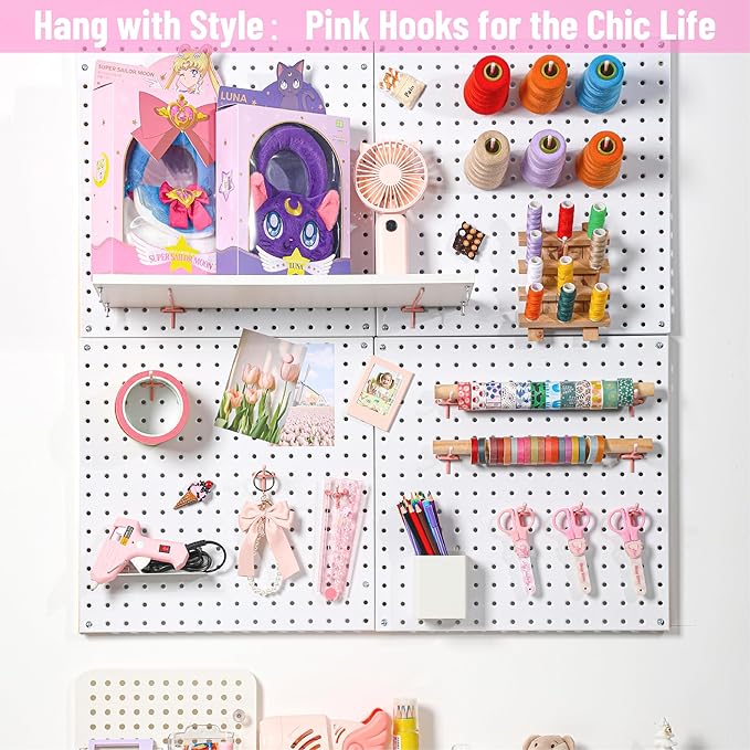 HUHOLE Pegboard Hooks 4 Inch 50PC, Pink Peg Board Hooks, Fit 1/4" or 1/8" Pegboard, Ideal Peg Board Organizer Accessories for Wall Display, Crafts Organization, Kitchen Organizer (Pink, 4 Inch)