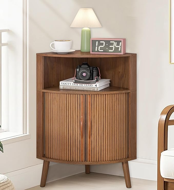 Bathroom Corner Storage Cabinet, 31.5''H Small Floor Corner Cabinet with 2 Fluted Doors and Shelves, Freestanding Narrow Cabinets Organizer for Living Room, Kitchen (Walnut, 31.5''H)
