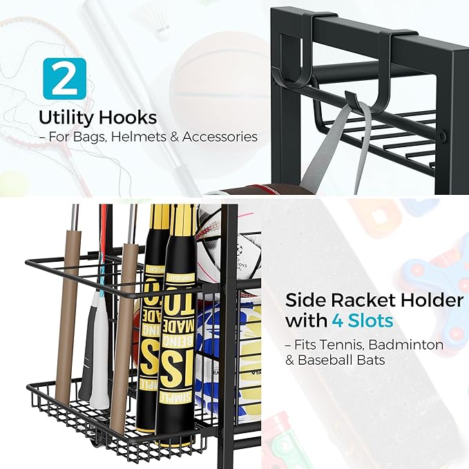 Sports Equipment & Toy Storage Rack with Wheels, 3-Tier Ball Organizer for Balls, Rackets & Sports Gear, Large Capacity with Racket Slots & Hooks, for Garage, Home Gym or Backyard – 17" W