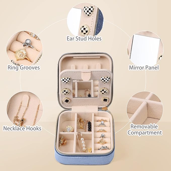 Dajasan Velvet Travel Jewelry Box, Mini Travel Jewelry Case, Small Portable Travel Jewelry Organizer Box with Mirror for Women Girls (blue), 3-layer
