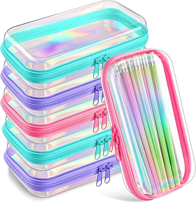 Sanwuta 6 Pcs Clear Hard Zipper Case Hard Plastic Zipper Pouches Transparent Makeup Bag Pencil Pouches for Travel Snacks Christmas Trinket Storage Organizer Box(Holographic,7.48 x 3.94 x 2 Inch)