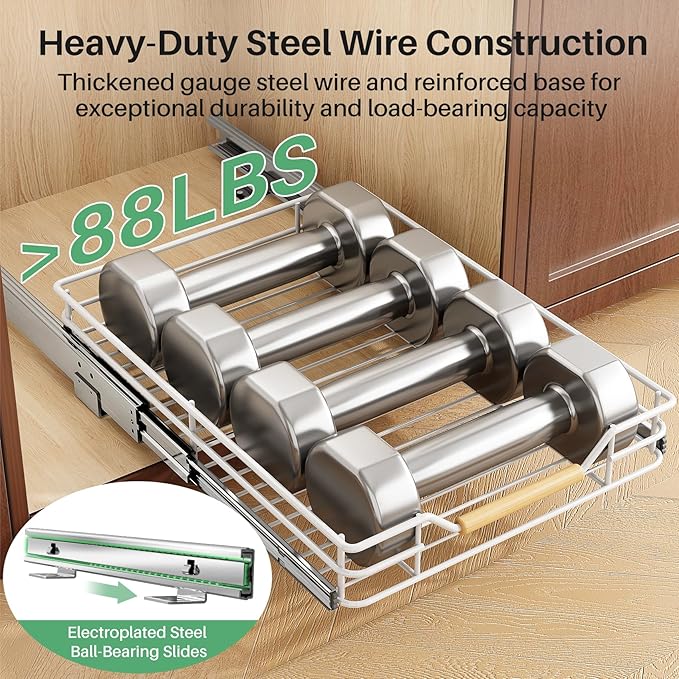 Pull out Cabinet Organizer, 15"W X 21"D, Heavy Duty Smooth Sliding Under Cabinet Shelves for Pots and Pans, Full-Extension Roll out Drawers, Slide out Organization for Home Kitchen Pantry, White