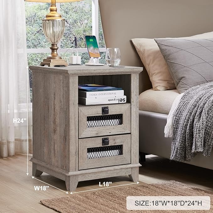 Nightstand with Charging Station,OKD 18'' Industrial & Farmhouse End Table with 2 Drawers & Open Cubby, Rustic Mesh Drawer Sofa Side Table w/Storage for Bedroom, Living Room, Office, Light Rustic Oak