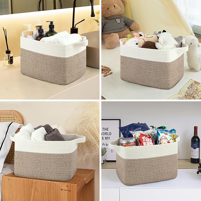 Storage Basket for Organizing, Woven Baskets for Storage, Rectangle Decorative Baskets for Shleves, Closet, Toys, Books, Nursery Organizer Bins - Pack of 3 (Brown & White, 13"x9.85"x8.7")