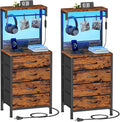 Furnulem Night Stand Set 2, Tall Nightstand with Charging Station and LED Lights, Nightstand with 4 Fabric Drawers and Storage Shelves, Bedside Table Side Tables Set of 2 for Bedroom, Rustic Brown