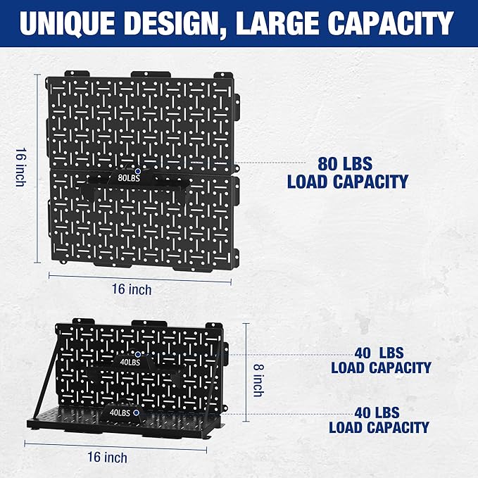 WORKPRO 16”x 16” Metal Peg Board, Foldable Black Pegboard for Wall Organization, Steel Panel with Round Holes & Vertical Slots, Ideal Tool Organizer in Office and Craft Room, 2 Pack